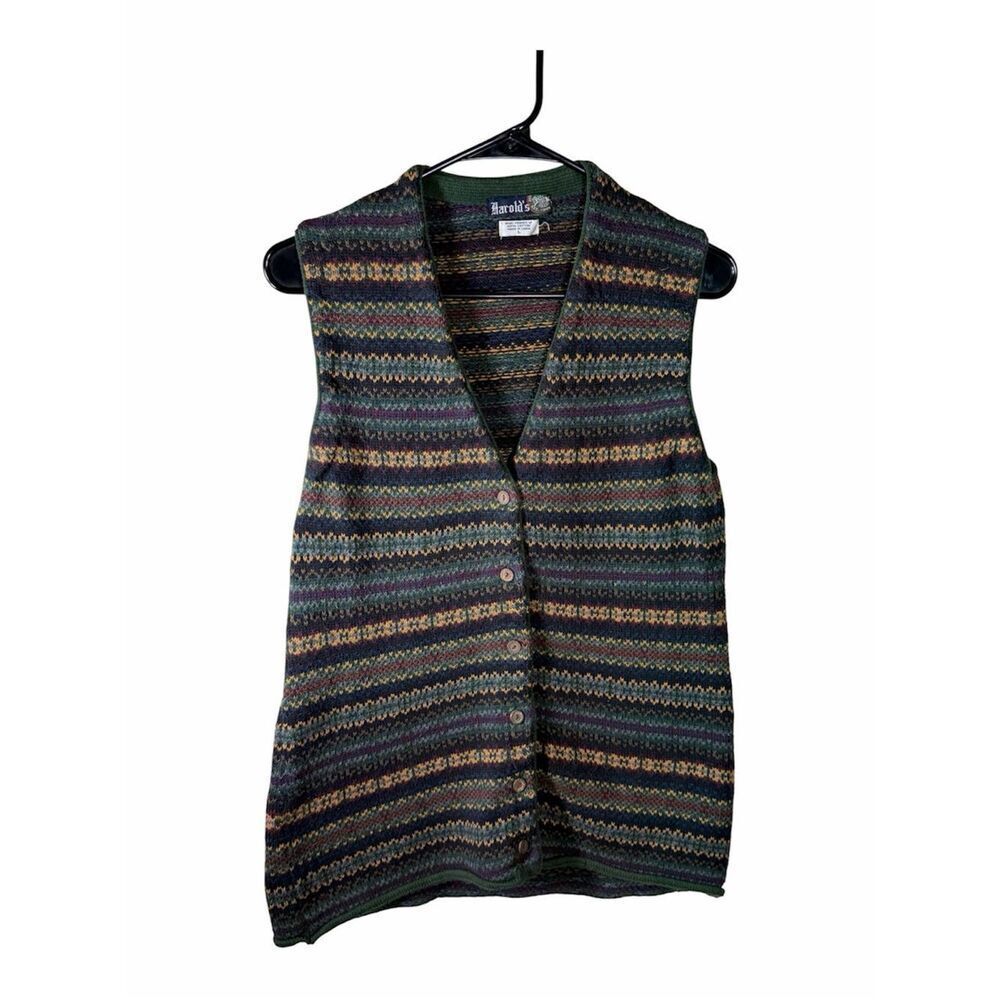 Vintage Harold’s Sweater Vest Men’s L Multicolor Stripe Button Front Fair Isle